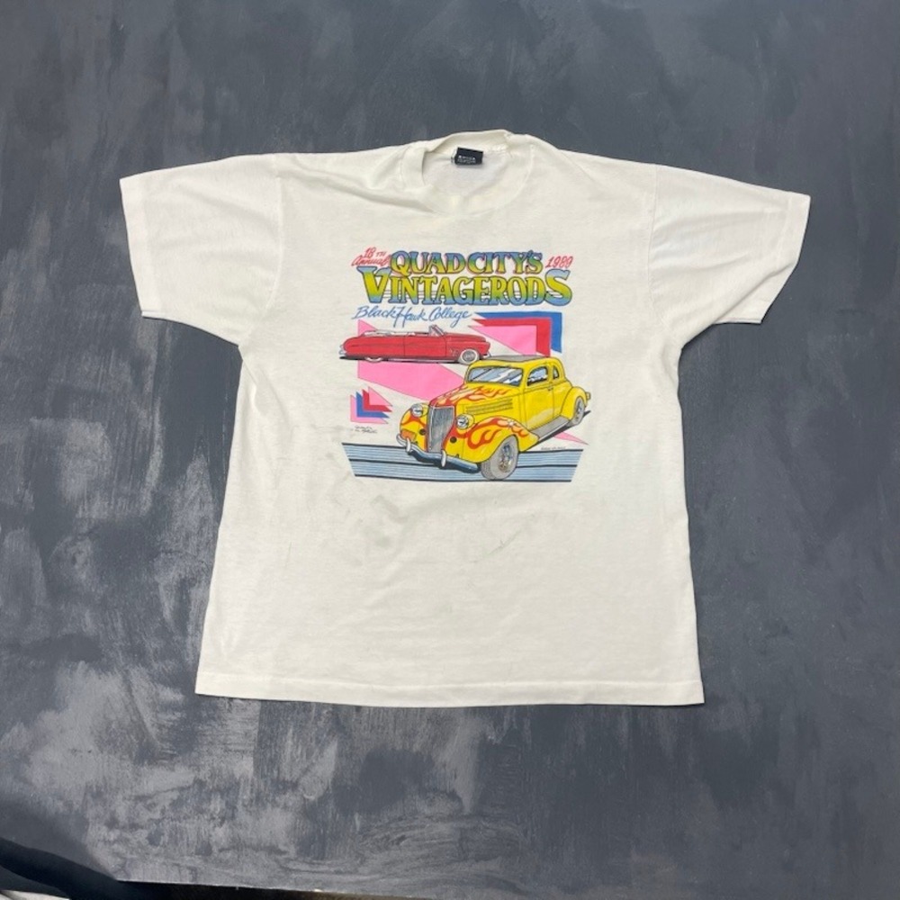 Vintage T-Shirt XL White 1989 Good Hot Rod Car Graphic Screen Stars Best